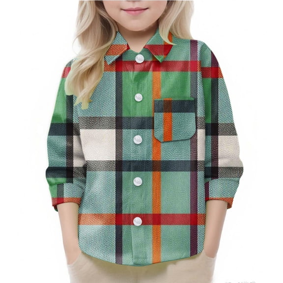 Eltusu Girls Plaid Shirts, Lapel Collar Casual Comfy Long Sleeve Button-Down Shirts Mint Green Size 5-6 T