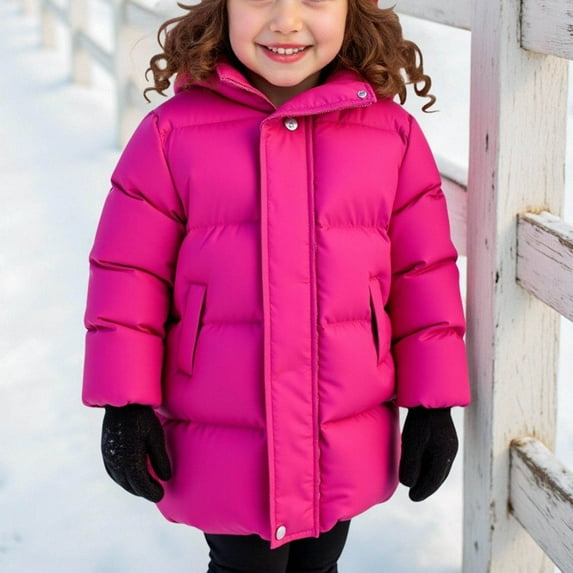 Eltusu Girls Puffer Jackets, Cotton Waterproof Warm Solid Color Winter Outerwear with Pockets Hot Pink Size 4-11T