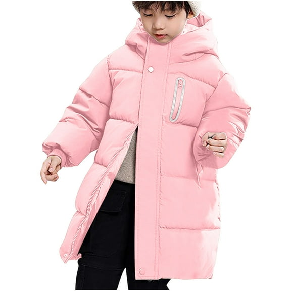 Eltusu Girls Puffer Jackets, Windproof Solid Color Winter Warm Outerwear with Zipper Pink Size 10-12 T