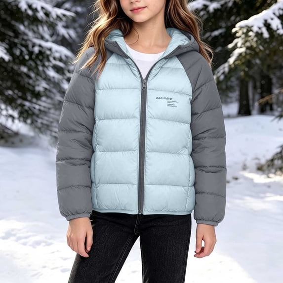 Eltusu Girls Puffer Jackets with Hood, Winter Casual Long Sleeve Thermal Waterproof Coats Light Blue Size 3-4 T