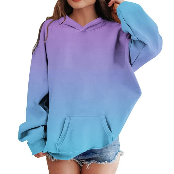 Eltusu Girls Pullover Hoodies, Casual Gradient Long Sleeve Warm Sweatshirts with Pockets Dark Blue Size 5-6 T