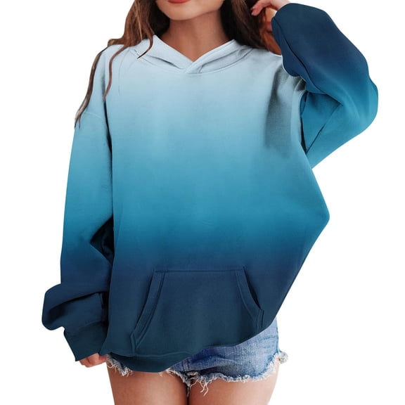 Eltusu Girls Pullover Hoodies, Casual Long Sleeve Gradient Warm Sweatshirts with Pockets Blue Size 7-8 T