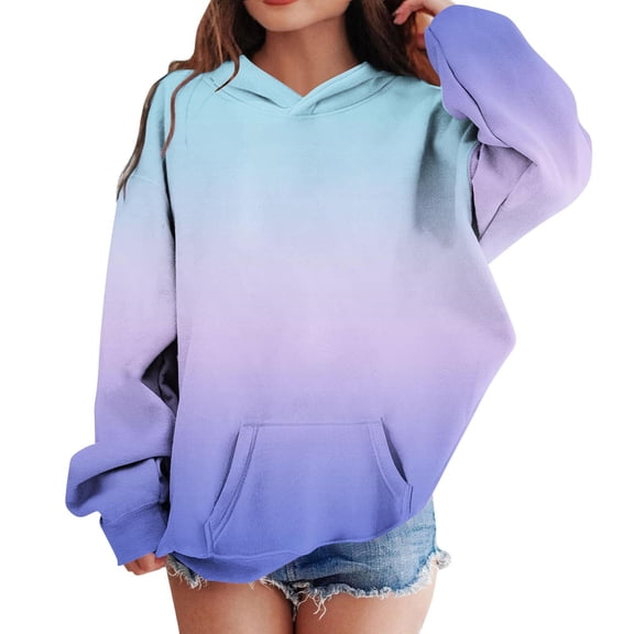 Eltusu Girls Pullover Hoodies, Thermal Gradient Long Sleeve Casual Sweatshirts with Pockets Navy Size 7-8 T