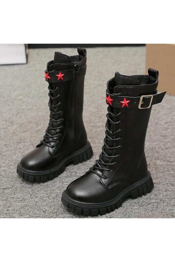 Girls Riding Boots, Windproof Lace-up Mid-Calf Thermal Winter Shoes Black Size 2(Big Kids)