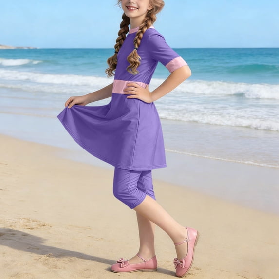 Eltusu Girls Rush Gard Sets, 3 Pieces Sun Protect Summer Long Sleeve Bathing Suits Purple Size 5-6T