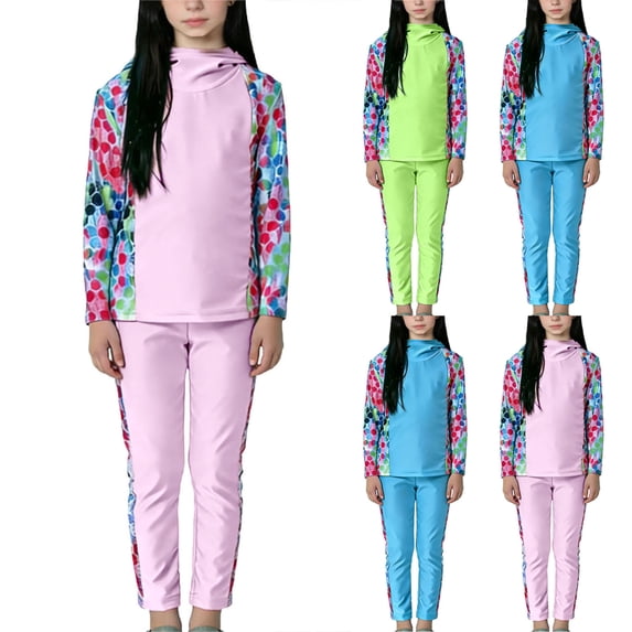 Eltusu Girls Rush Gard Sets, Beachwear Holiday Two Pieces Long Sleeve Swim Tops and Pants Pink Size 0-13T