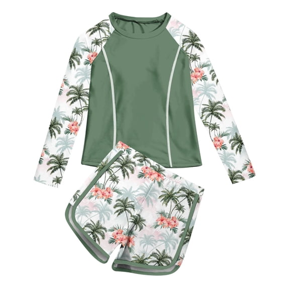 Eltusu Girls Rush Gard Sets, Sun Protect Two Pieces Beachwear Long Sleeve Swim Tops and Shorts Green Size 6-7 T