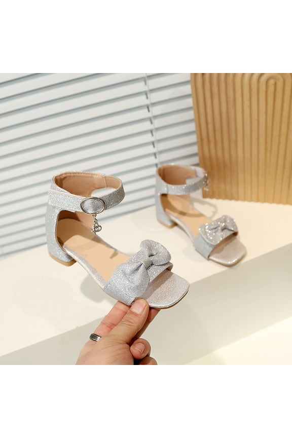 Girls Sandals, Dance Open Toe Low Heels Non-Slip Dress Shoes Silver Size 2.5(Big Kids)