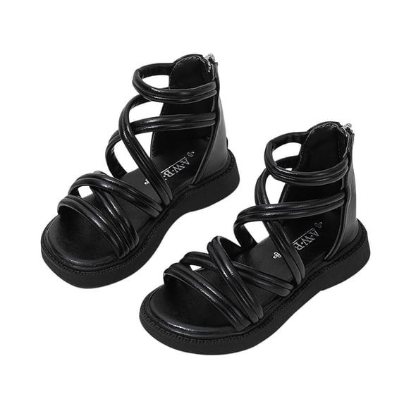 Eltusu Girls Sandals, Open Toe No Slip Flat PU Beach Shoes Black Size 6 T