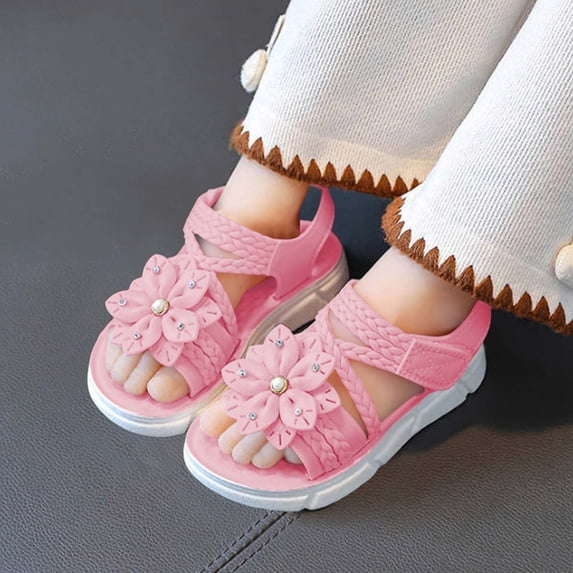 Eltusu Girls Sandals with Strap, Non Slip Open Toe Soft Sole Flower Summer Sandals Pink Size 1(Big Kids)