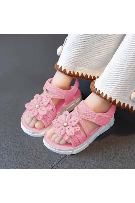 Girls Sandals with Strap, Non Slip Open Toe Soft Sole Flower Summer Sandals Pink Size 1(Big Kids)
