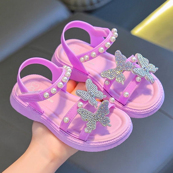 Eltusu Girls Sandals with Strap, Open Toe Soft Sole Non Slip Princess Flat Sandals Purple Size 11(Little Kids)
