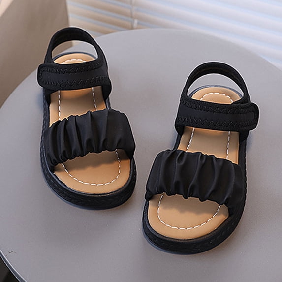 Eltusu Girls Sandals with Strap, PU Soft Sole No Slip Open Toe Flat Sandals Black Size 11(Little Kids)