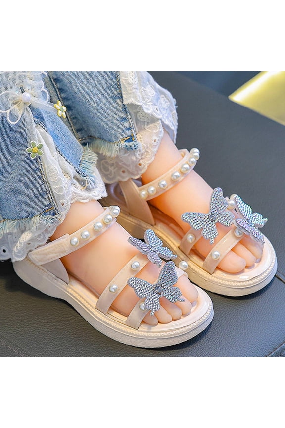 Girls Sandals with Strap, Princess Non Slip Soft Sole Open Toe Flat Sandals White Size 1(Big Kids)
