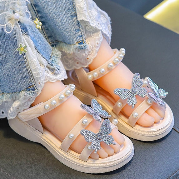 Eltusu Girls Sandals with Strap, Soft Sole Non Slip Princess Open Toe Flat Sandals White Size 2.5(Big Kids)