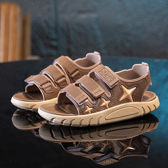 Eltusu Girls Sandals with Strap, Summer Open Toe Soft Sole Non Slip Flat Sandals Brown Size 13.5(Little Kids)