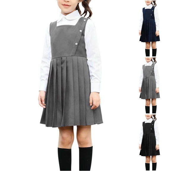 Eltusu Girls School Uniform Sets, Lapel Collar Casual Sleeveless Dress and Tie Sets Gray Size 10-12 T