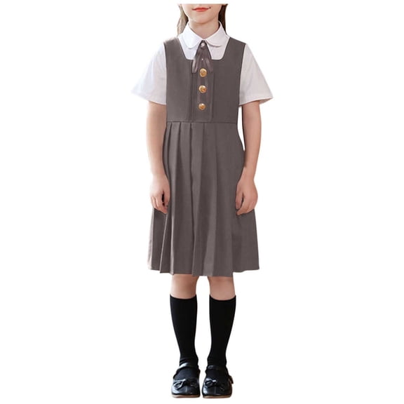 Eltusu Girls School Uniform Sets, pleated Short Sleeve Turn Down Collar Shirt Dress and Tie Sets Gray Size 9-10 T