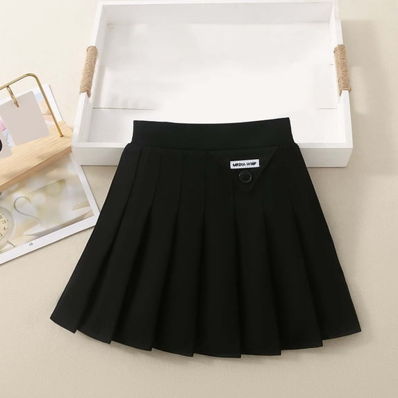 Eltusu Girls School Uniform Skirts, Elastic Waistband Summer Cotton Casual Pleated Skirts Black Size 5-6 T