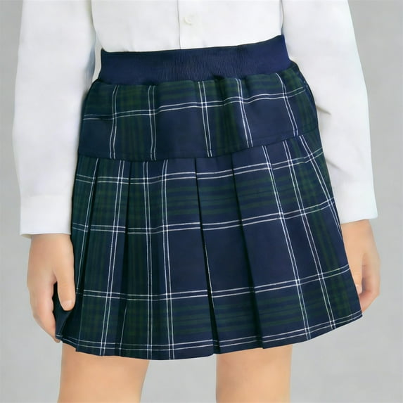 Eltusu Girls School Uniform Skirts, Graduation Summer Elastic Waist Casual Plaid Pleated Skirts Navy Size 2-3 T