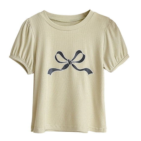 Eltusu Girls Short Sleeve Tops, Fashion Pullover Summer Crew Neck Kids T-shirts Green Size 6-7 T