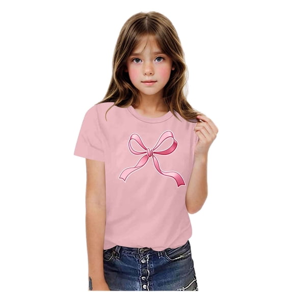 Eltusu Girls Short Sleeve Tops, Pullover Summer Crewneck Fashion Kids T-shirts Pink Size 5-6 T