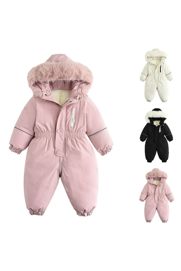 Girls Ski Jumpsuits, Hooded Outdoor Warm Long Sleeve Winter Coats Pink Size 1-4 T