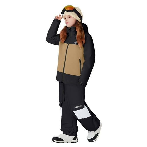 Eltusu Girls Ski Outfit Sets, Long Sleeve Outdoor Warm 2 Pieces Kids Jackets and Pants Sets Brown Size 3-4 T