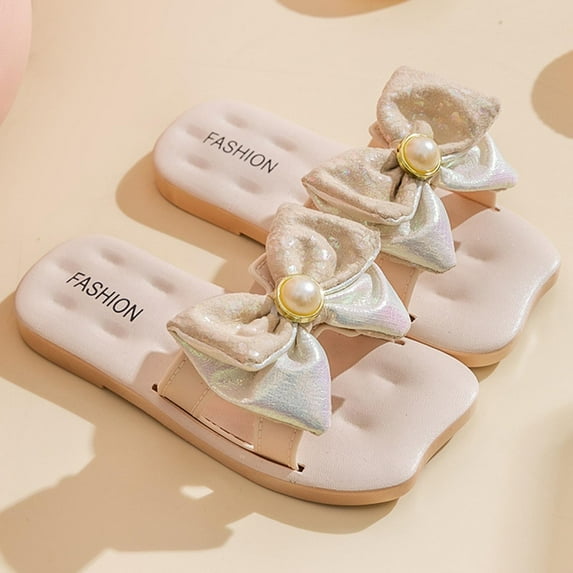 Eltusu Girls Slide Sandals, Breathable Beach Open Toe Non-Slip Summer Shoes Beige Size 3.5-4 T