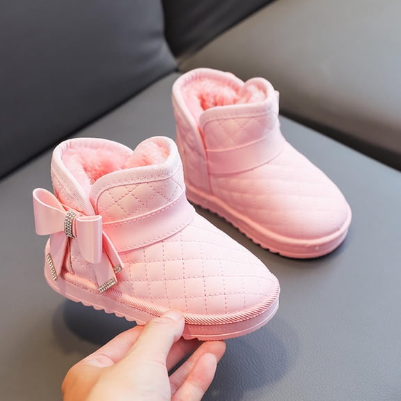 Eltusu Girls Snow Booties, Bow Warm No Slip Windproof Winter Boots Shoes Pink Size 2.5(Big Kids)
