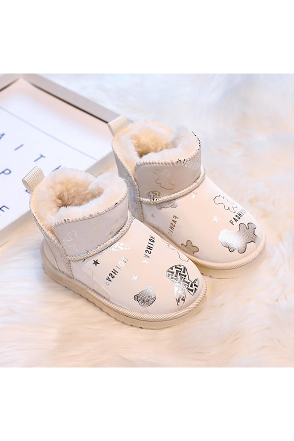 Girls Snow Booties, PU No Slip Warm Windproof Winter Boots Shoes White Size 10(Little Kids)