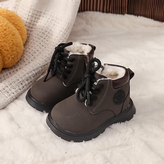 Eltusu Girls Snow Boots, Warm Lace-up Soft Sole No Slip Walking Shoes Gray Size 1 T