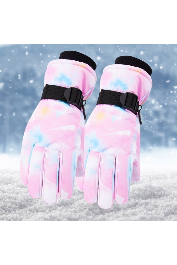 Girls Snow Gloves, Waterproof Stretch Outdoor Warm Winter Mittens Pink Size 5-9 T