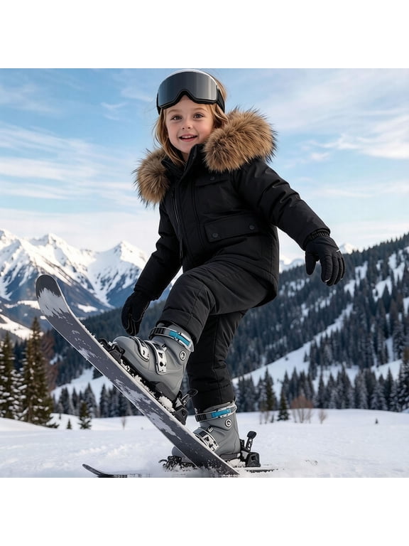 Girls Snowsuit Sets Ski, 2 Pieces Outdoor Windproof Thermal Winter Jackets and Overall Jumpsuit Sets Black Size 5-6 T