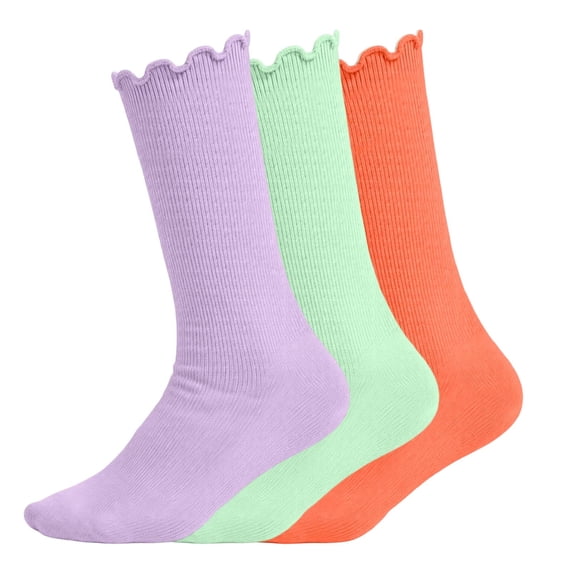 Eltusu Girls Socks 3 Pieces, Breathable Ruffle Hem Stretchy Comfort Mid-Calf Socks Red Size 6-14T