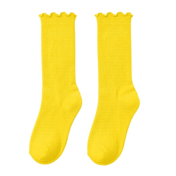 Eltusu Girls Socks, Stretch Ruffle Hem Solid Color Breathable Mid-Calf Socks Yellow Size 6-14T