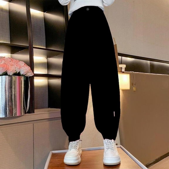 Eltusu Girls Sports Sweatpants, Loose Casual Solid Color Elastic Waist Jogger Pants Black Size 11-12 T