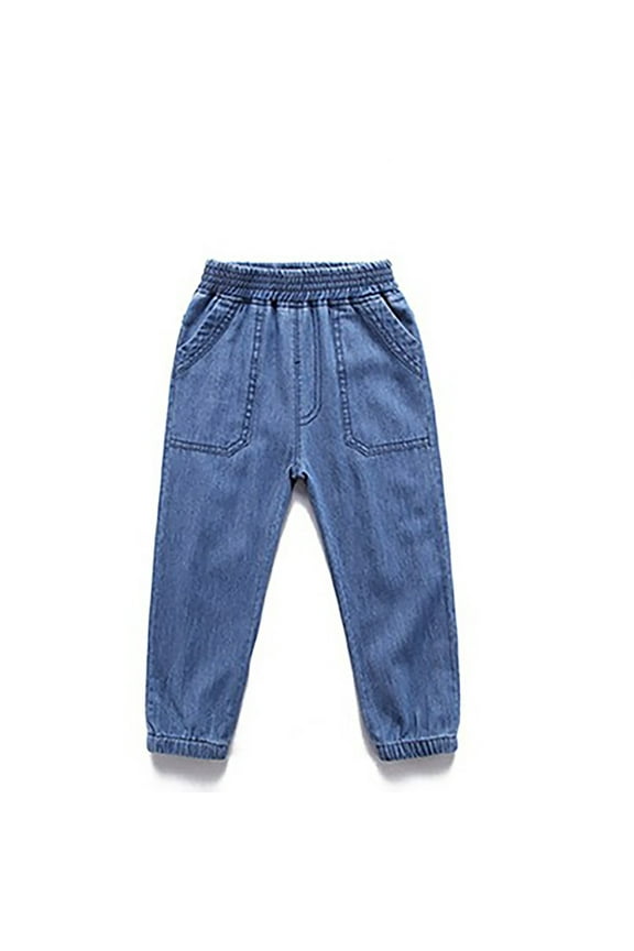 Girls Stretch Jeans, Elastic Waist Elastic Bottom Casual Loose Denim Pants Dark Blue Size 2-13 T