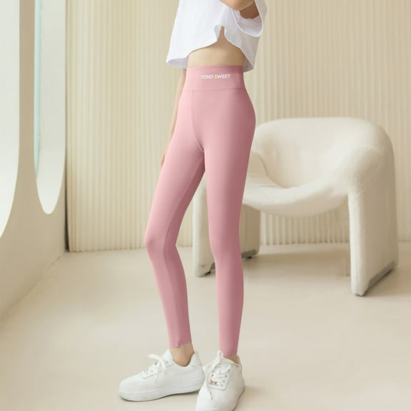 Eltusu Girls Stretch Leggings, Casual High Waist Athletic Solid Color Tight Pants Pink Size 3-16 T