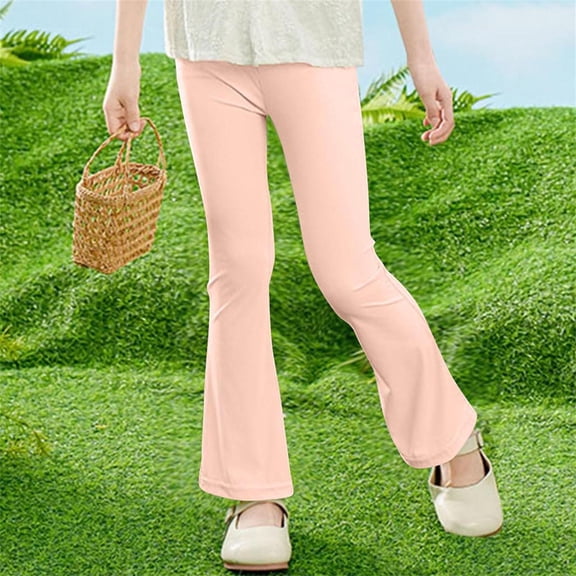 Eltusu Girls Stretch Leggings, Elastic Waist Solid Color Casual Tight Flare Pants Pink Size 7-8 T