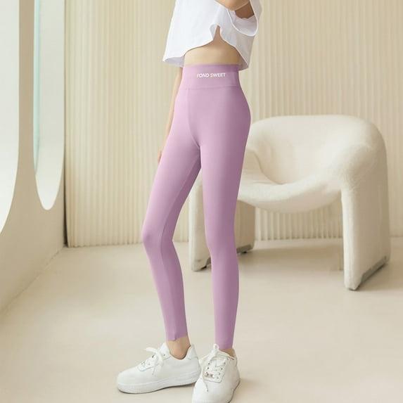 Eltusu Girls Stretch Leggings, Solid Color Casual Athletic High Waist Tight Pants Purple Size 13-14T