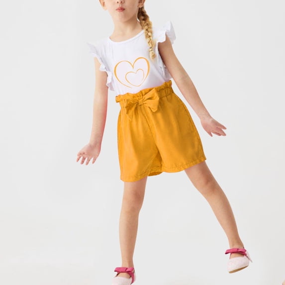 Eltusu Girls Summer Outfit Sets, Flutter Sleeve Comfy Cotton T-Shirts with Shorts Sets Yellow Size 5 T