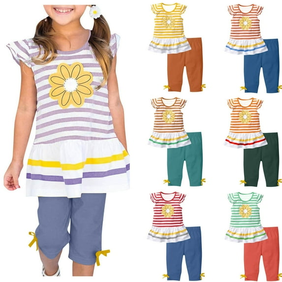 Eltusu Girls Summer Outfit Sets, Flutter Sleeve Striped Elastic Waistband T-Shirts with Shorts Sets Purple Size 7-8 T