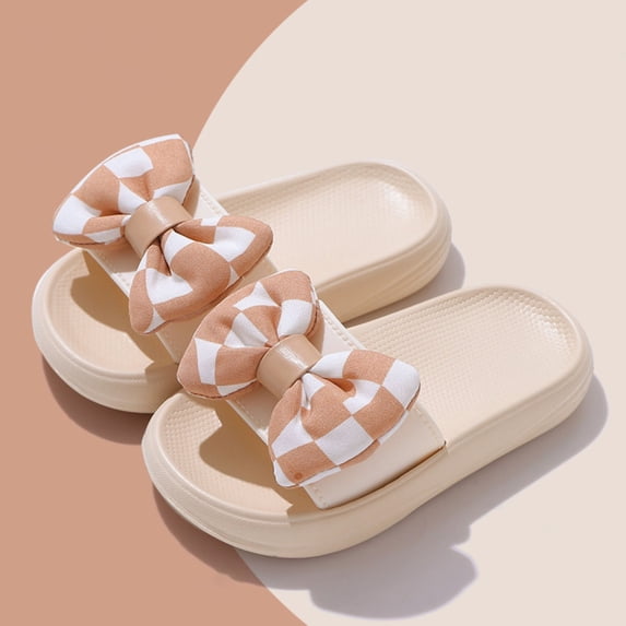 Eltusu Girls Summer Slippers, Bow Open Toe Non-Slip Soft Sole Sandal Slide Shoes Khaki Size 6 T