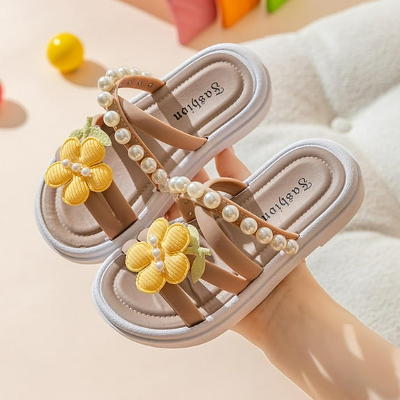 Eltusu Girls Summer Slippers, Holiday Flat Open Toe Non-Slip Sandal Slide Shoes Khaki Size 4.5-5.5 T