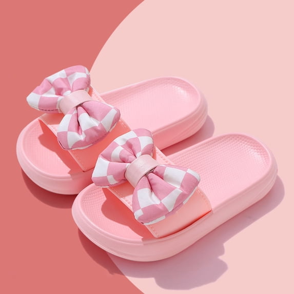 Eltusu Girls Summer Slippers, Open Toe Soft Sole Non-Slip Bow Sandal Slide Shoes Pink Size 8 T