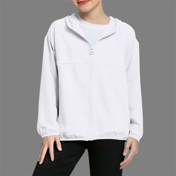 Eltusu Girls Sun Protection Jackets, Full Zip Solid Color Hooded Long Sleeve Rash Guard White Size 12-13 T