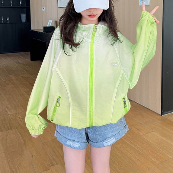 Eltusu Girls Sun Protection Jackets, Hooded Lightweight Zip Up Long Sleeve Rash Guard Green Size 5-6 T
