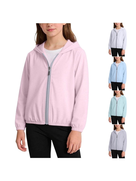 Girls Sun Protection Jackets, Hooded Long Sleeve Solid Color Full Zip Rash Guard Outwear Pink Size 10-12 T