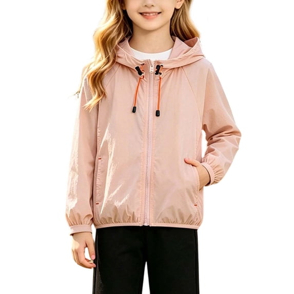 Eltusu Girls Sun Protection Jackets, Hooded Outdoor Lightweight Solid Color Summer Rash Guard Pink Size 8-9 T